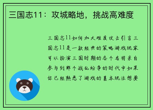 三国志11：攻城略地，挑战高难度